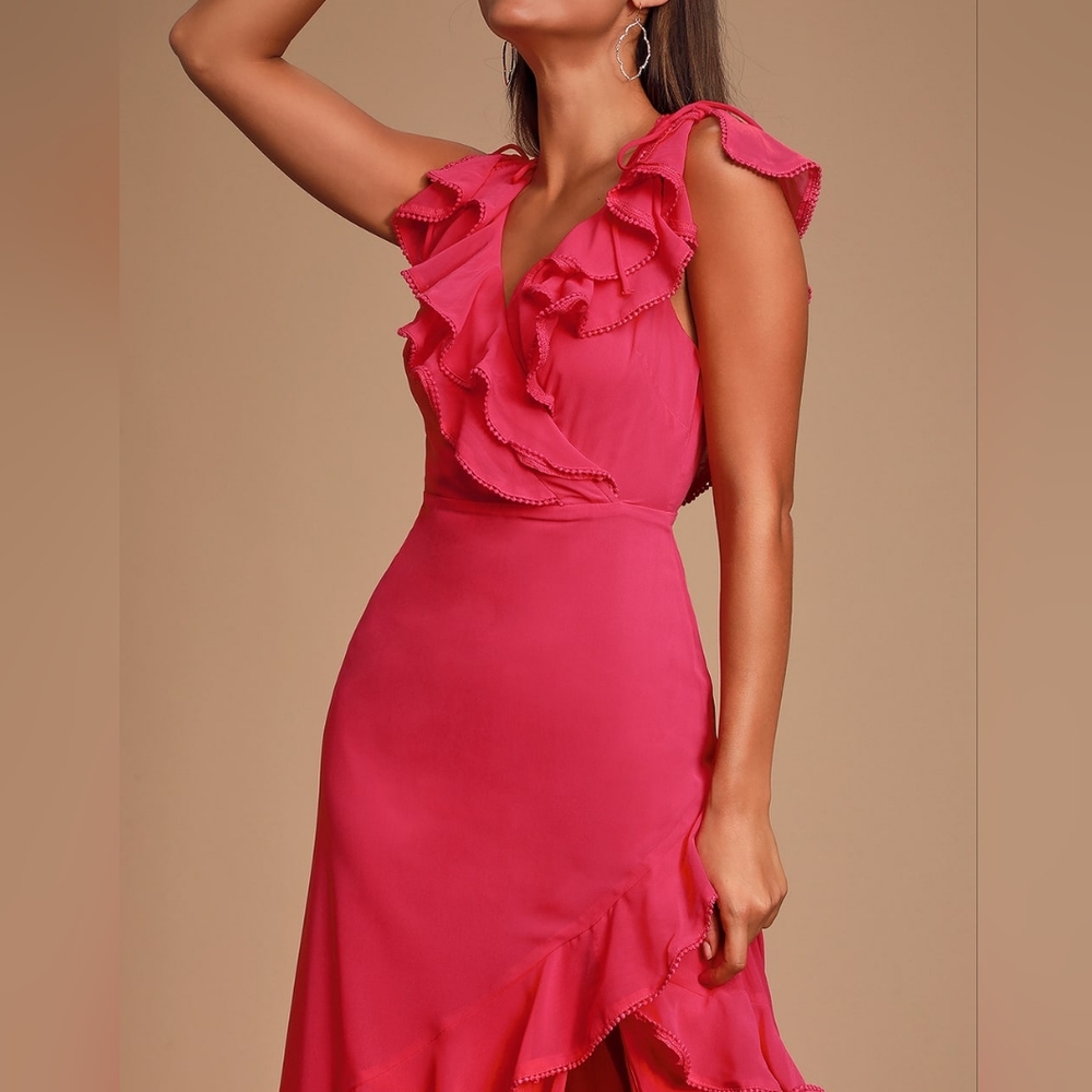 Lulu's Fuchsia Ruffle V-Neck Maxi Dress - Picture 3 of 13